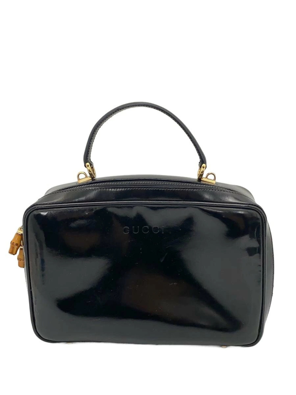 Gucci glossy black patent treated leather vanity top handle bamboo Black